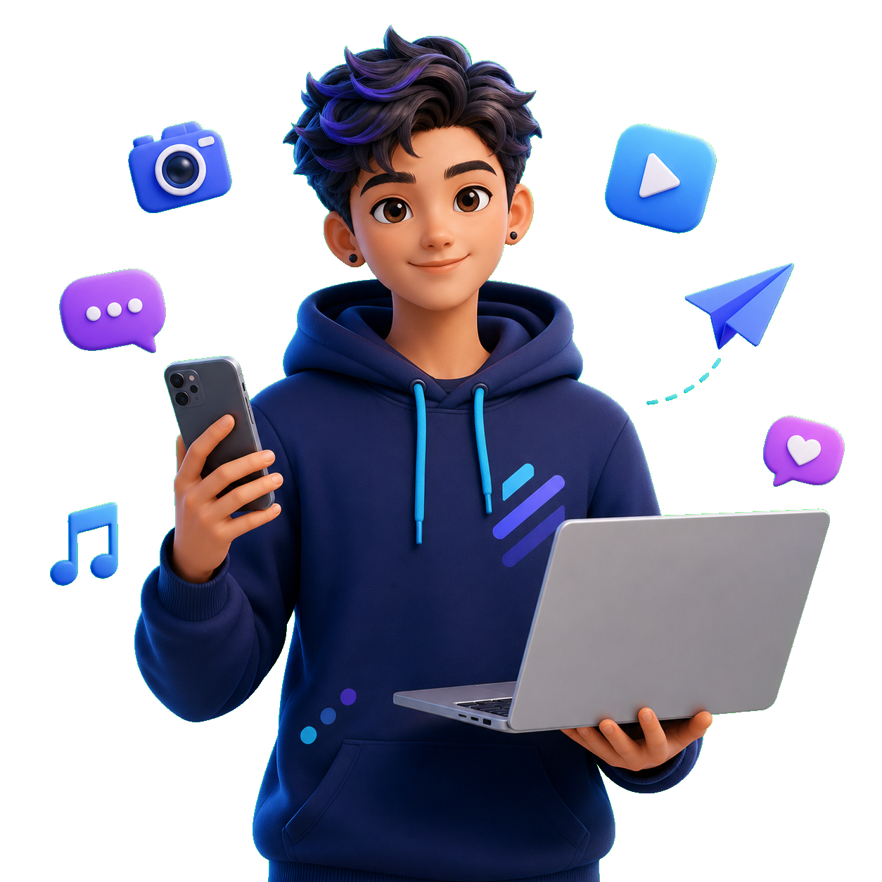 Fictional 3D social media manager using a laptop and phone